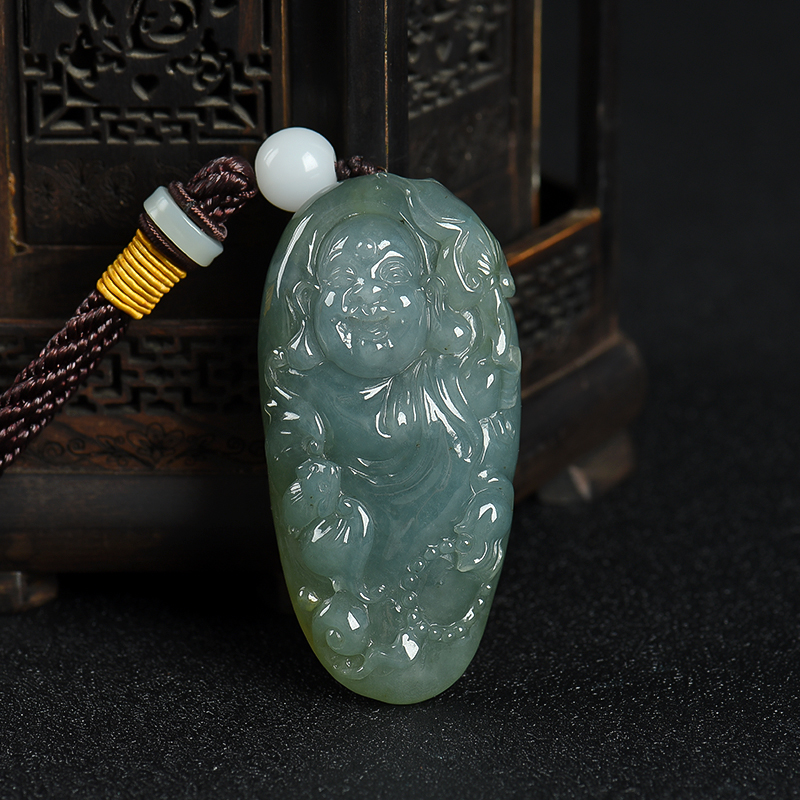 缅甸天然糯种灰绿翡翠福在眼前手把件-红掌柜