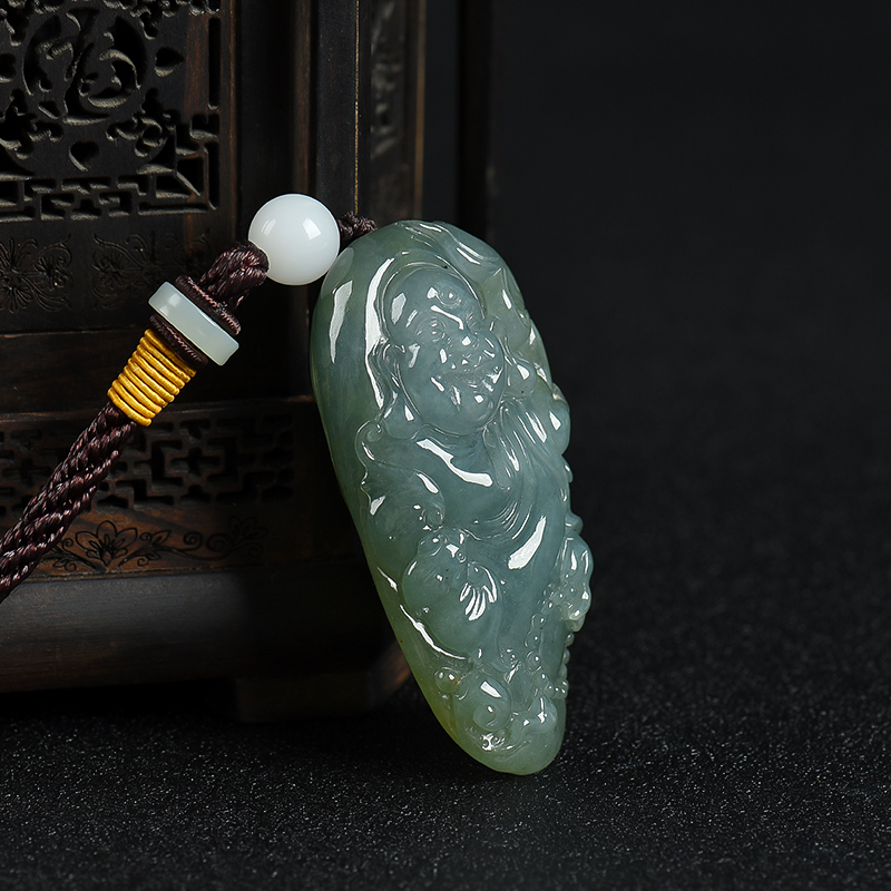 天然糯种灰绿翡翠福在眼前手把件-红掌柜