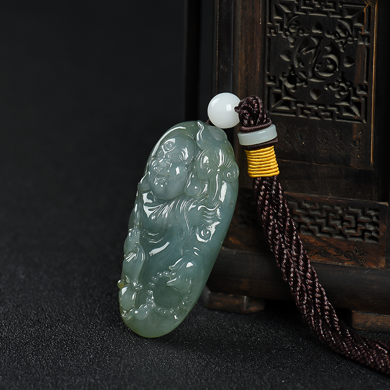 缅甸糯种灰绿翡翠福在眼前手把件-红掌柜