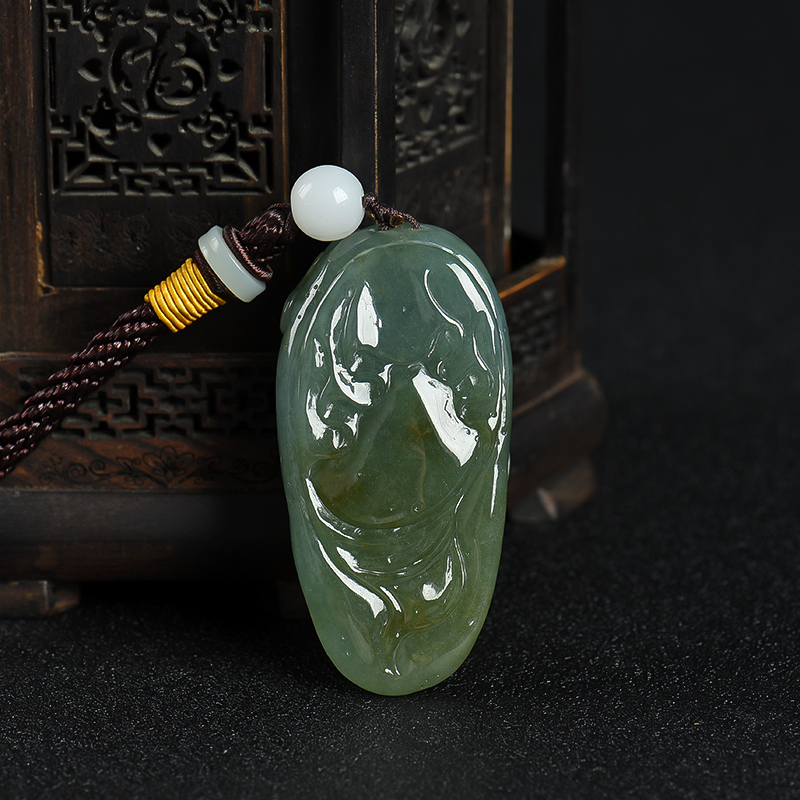 缅甸天然灰绿翡翠福在眼前手把件-红掌柜