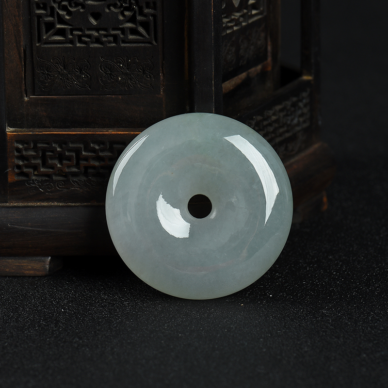 缅甸天然豆种灰绿翡翠平安扣吊坠-红掌柜