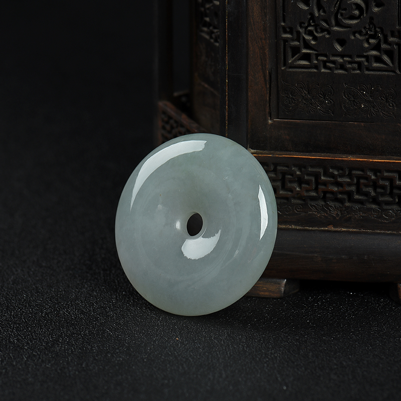 缅甸豆种灰绿翡翠平安扣吊坠-红掌柜