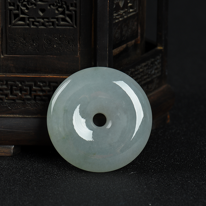 缅甸天然灰绿翡翠平安扣吊坠-红掌柜