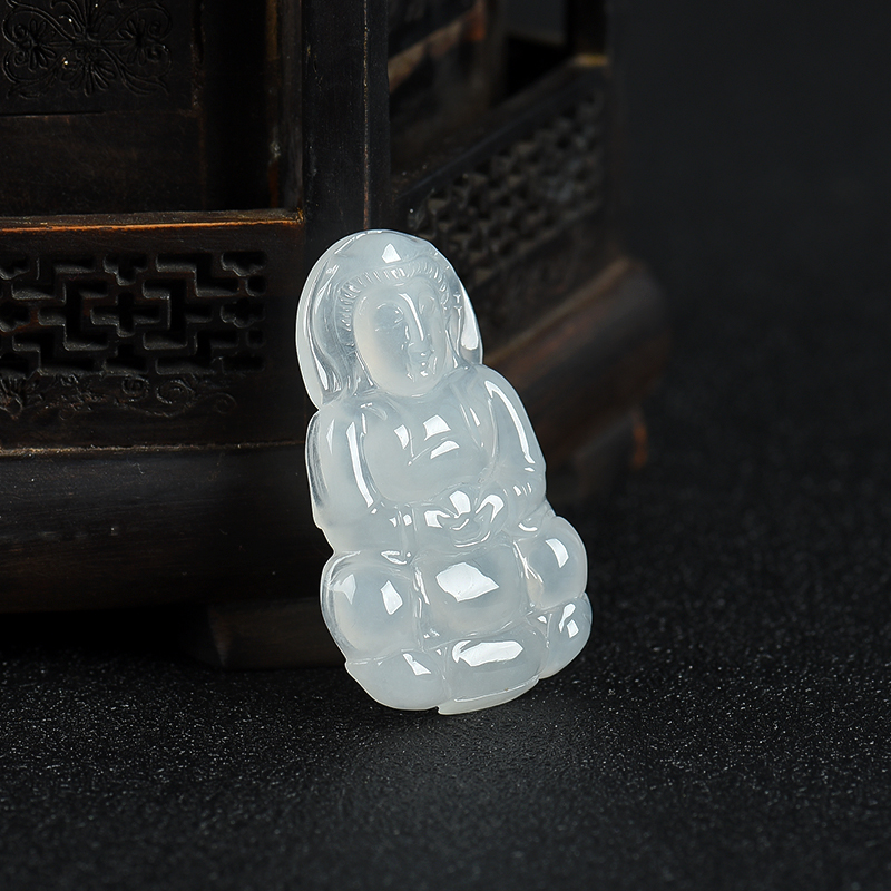 天然糯冰种翡翠观音吊坠-红掌柜