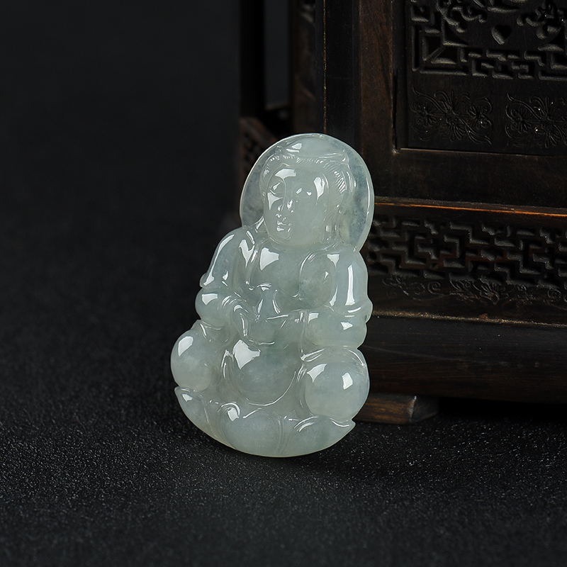 缅甸糯种飘花翡翠观音吊坠-红掌柜