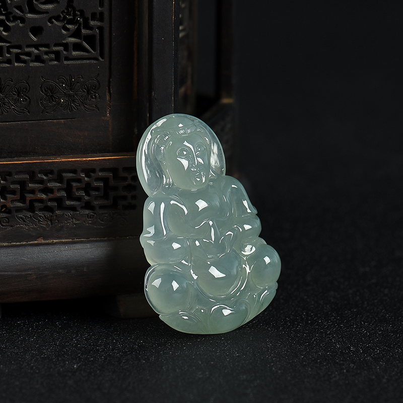 天然糯种灰绿翡翠观音吊坠-红掌柜