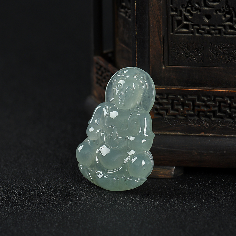 缅甸糯种灰绿翡翠观音吊坠-红掌柜