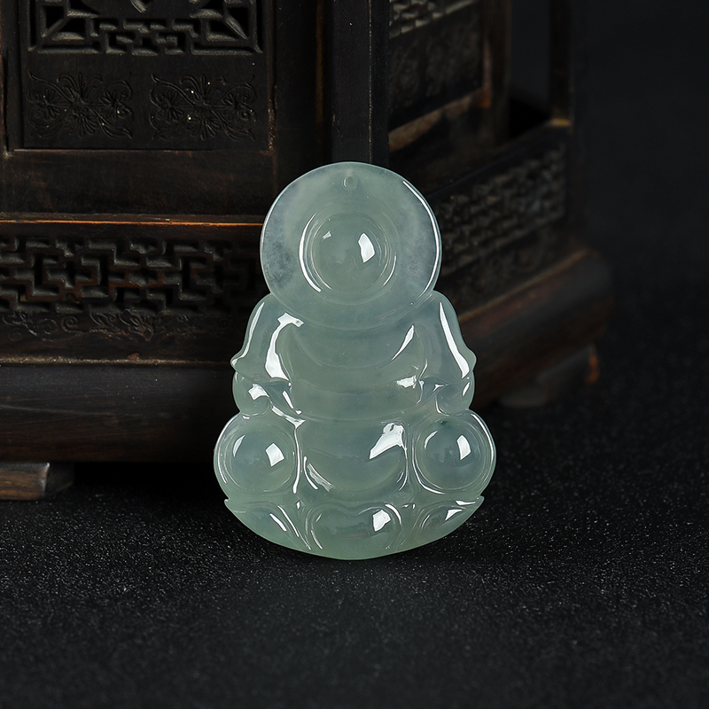 缅甸天然灰绿翡翠观音吊坠-红掌柜