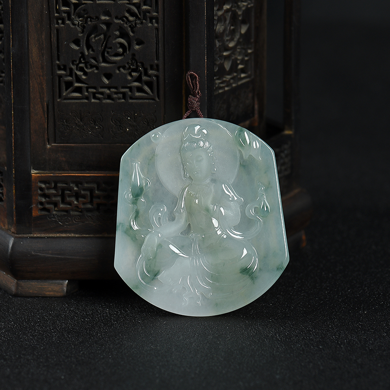 缅甸天然糯种飘花翡翠观音吊坠-红掌柜