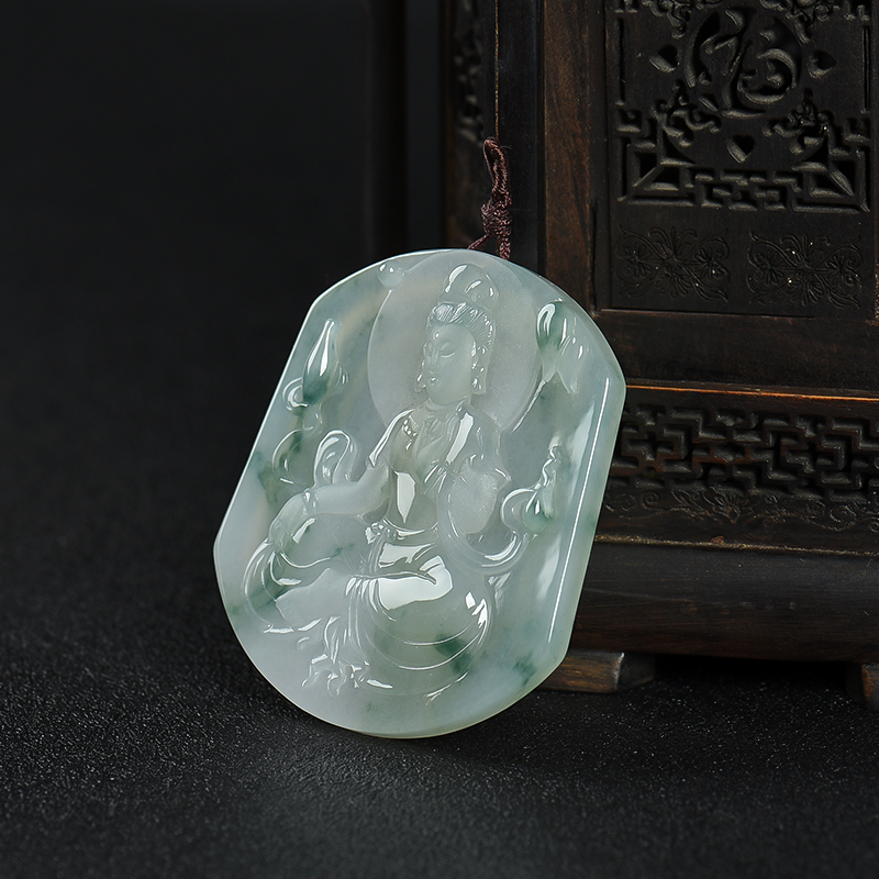 缅甸糯种飘花翡翠观音吊坠-红掌柜