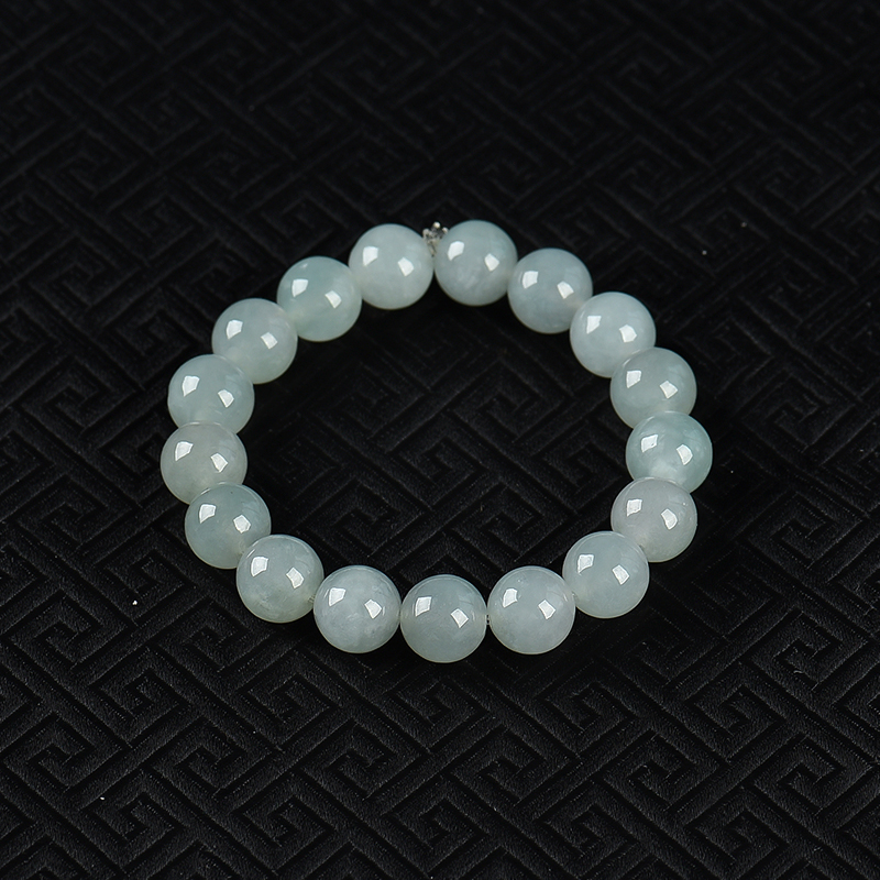 缅甸天然糯冰种灰绿翡翠手串-红掌柜