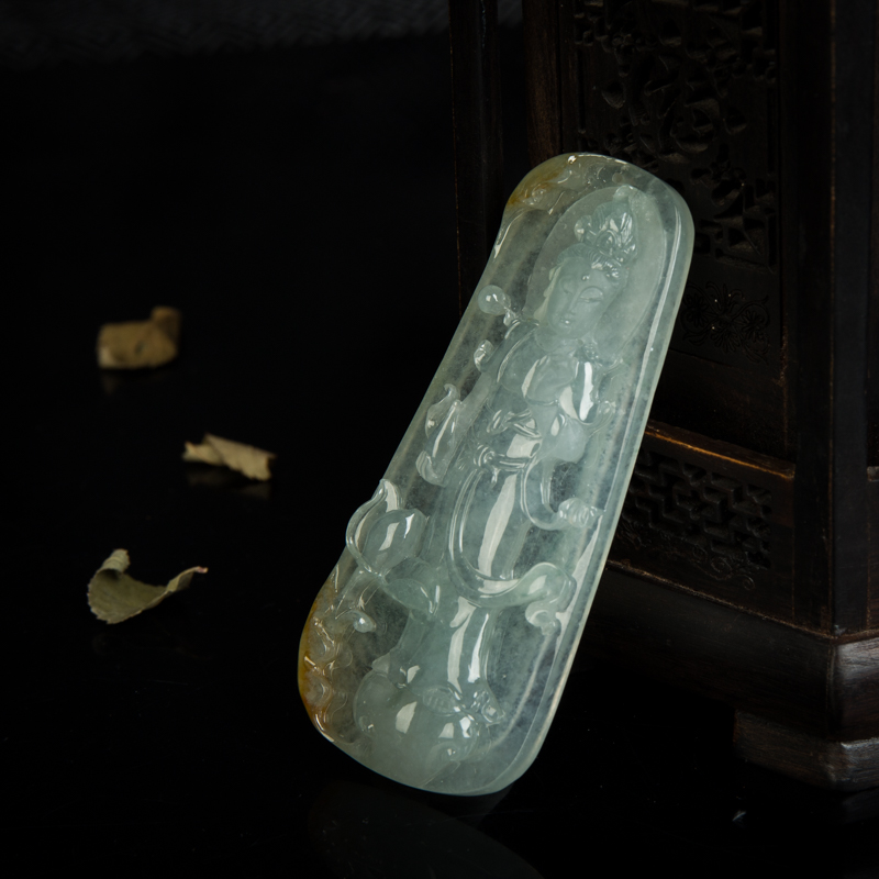 缅甸冰种俏色翡翠观音吊坠-红掌柜