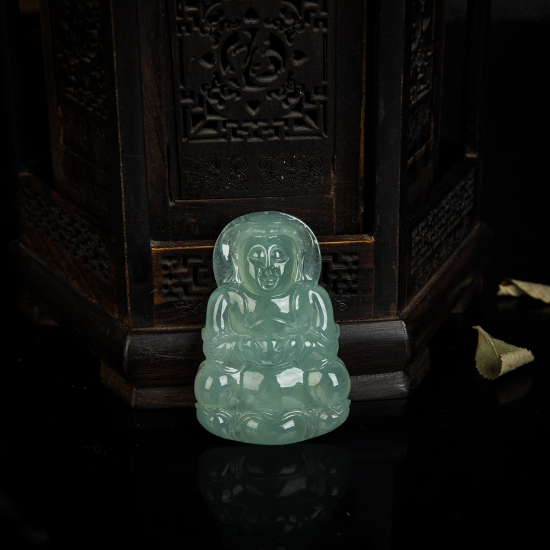 缅甸天然糯冰种晴水翡翠观音吊坠-红掌柜