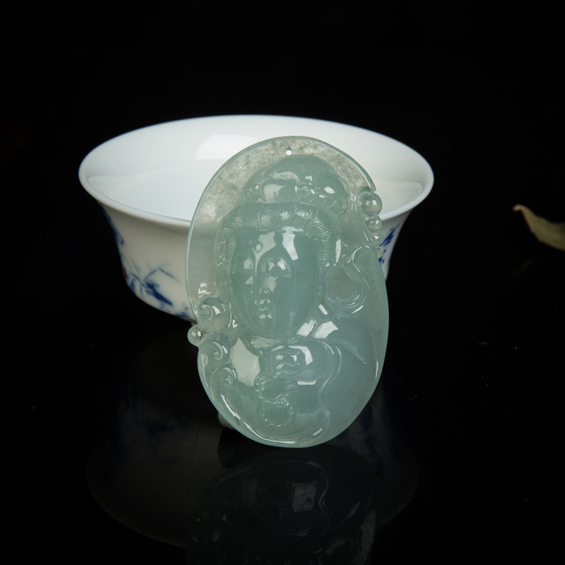 缅甸天然糯冰种翡翠观音吊坠-红掌柜