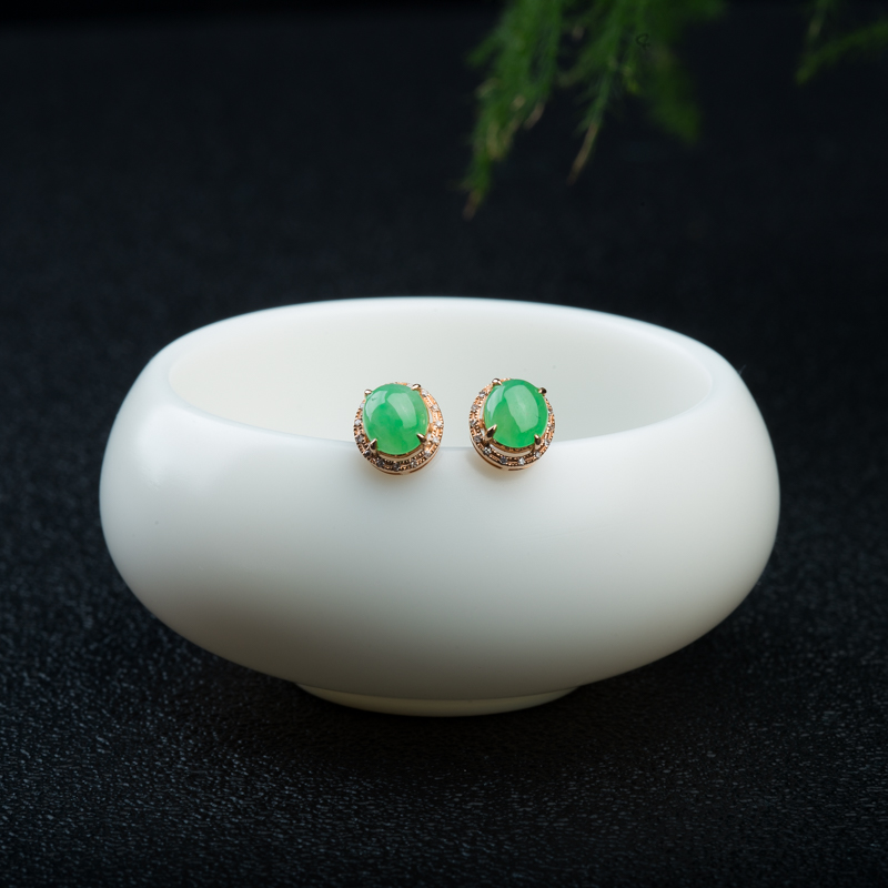 18K糯种豆绿翡翠耳钉-红掌柜