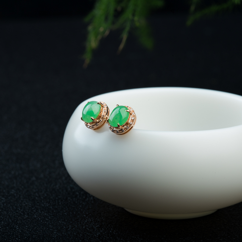 糯种豆绿翡翠耳钉-红掌柜