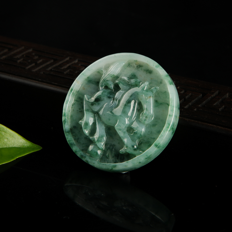 缅甸糯种飘花翡翠午马吊坠-红掌柜