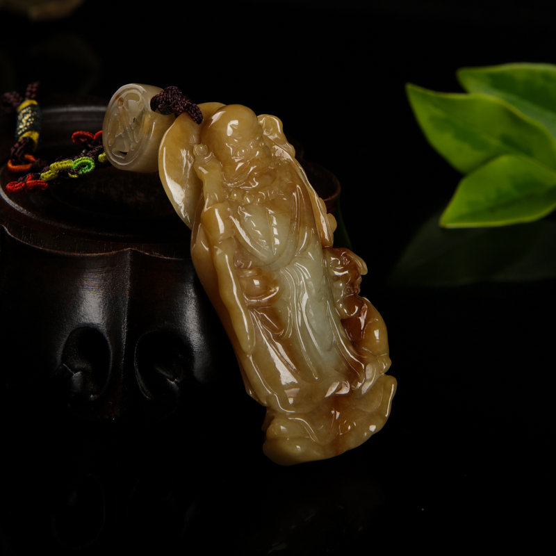 天然糯种黄翡达摩吊坠-红掌柜