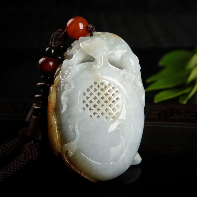 缅甸糯种俏色翡翠福寿如意手把件-红掌柜