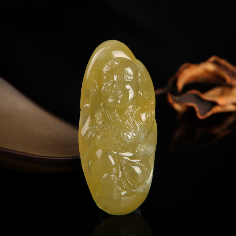 糯种黄翡鲤鱼童子吊坠-红掌柜