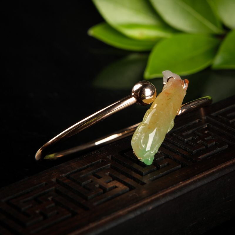 18K天然糯冰种福禄寿翡翠贵妃镯-红掌柜