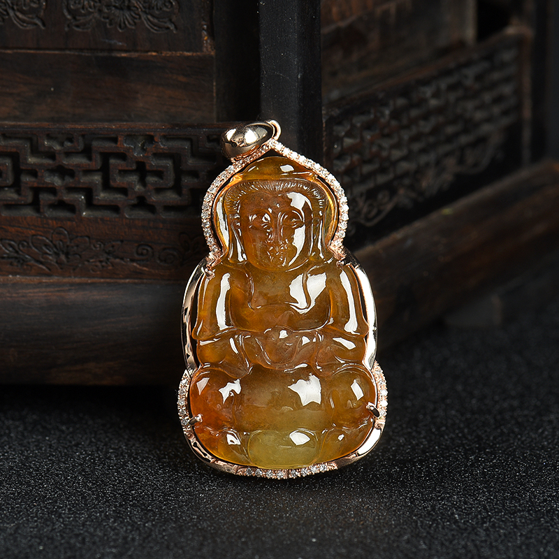 18k冰种黄翡观音吊坠-红掌柜