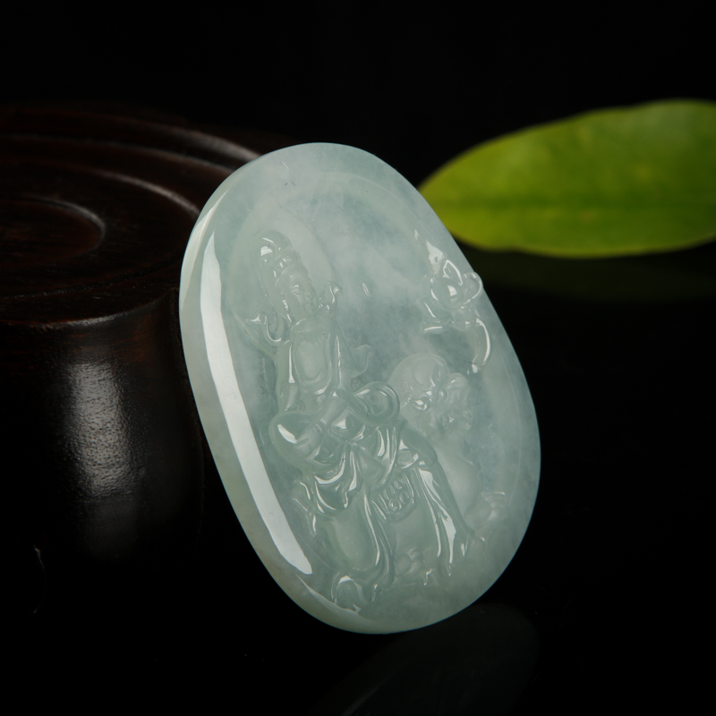 天然糯冰种浅绿翡翠文殊菩萨吊坠-红掌柜