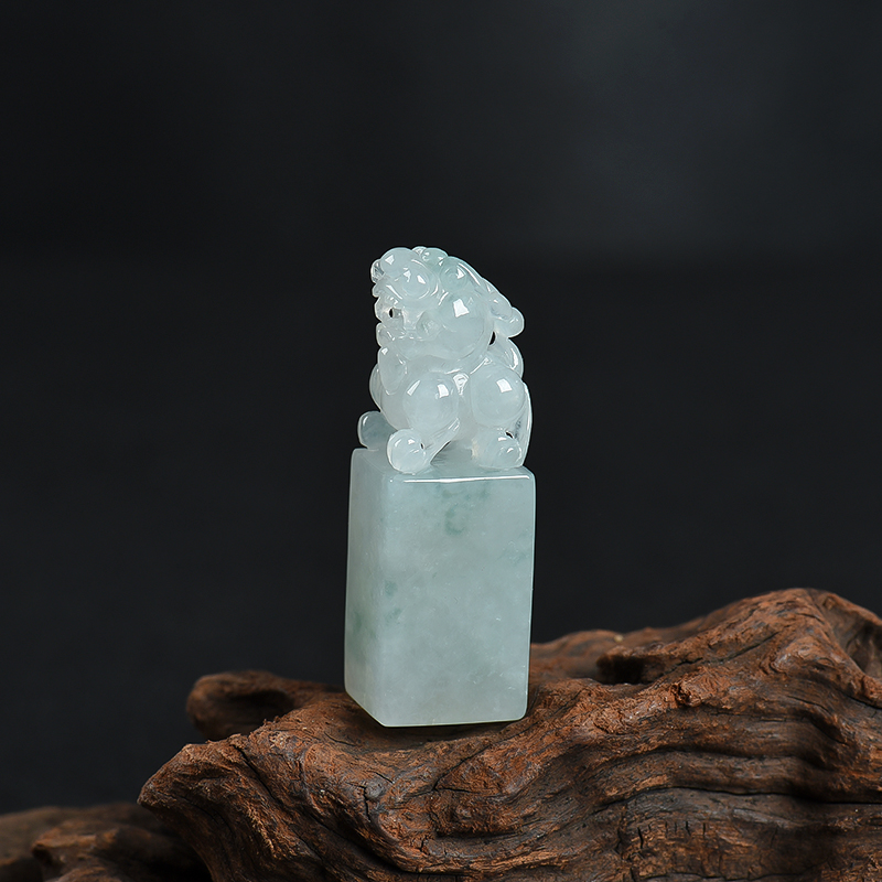 缅甸糯种飘花翡翠貔貅印章-红掌柜