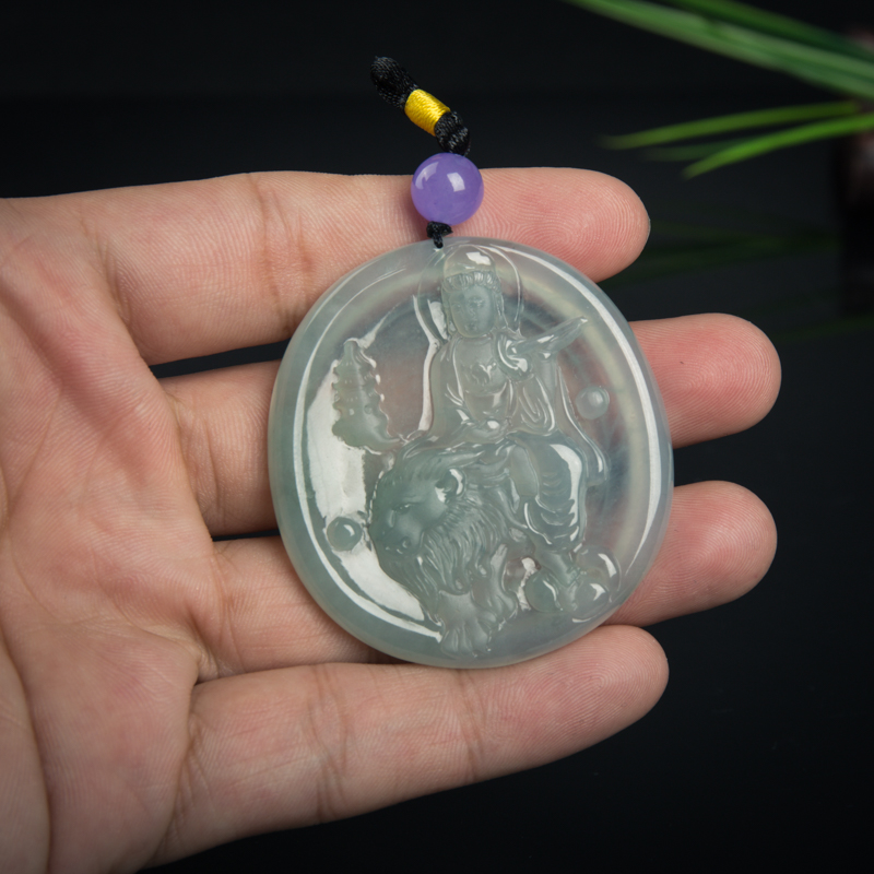 天然糯冰种灰绿翡翠文殊吊坠-红掌柜