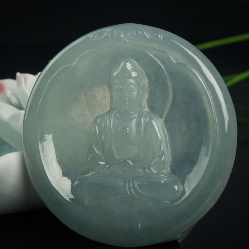 糯冰种天然灰绿翡翠大日如来吊坠-红掌柜