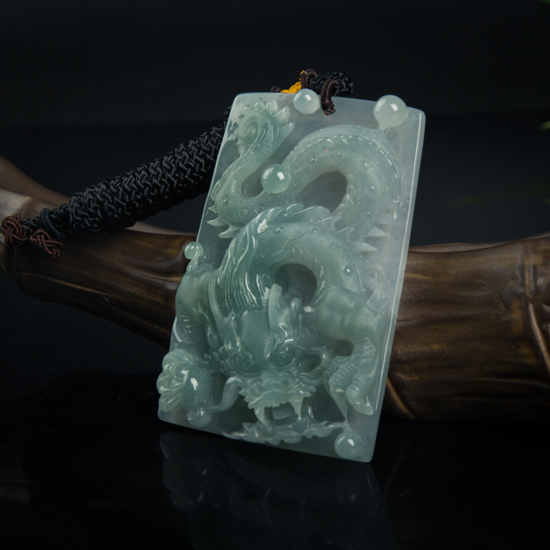 天然缅甸糯种灰绿翡翠辰龙吊坠-红掌柜