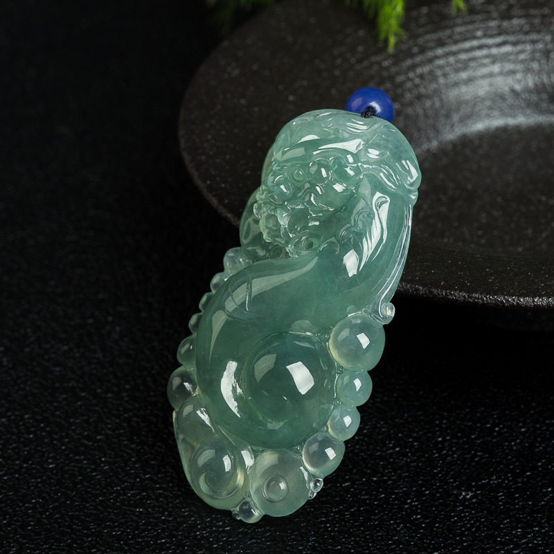 天然缅甸糯冰种翡翠龙腾四海吊坠-红掌柜