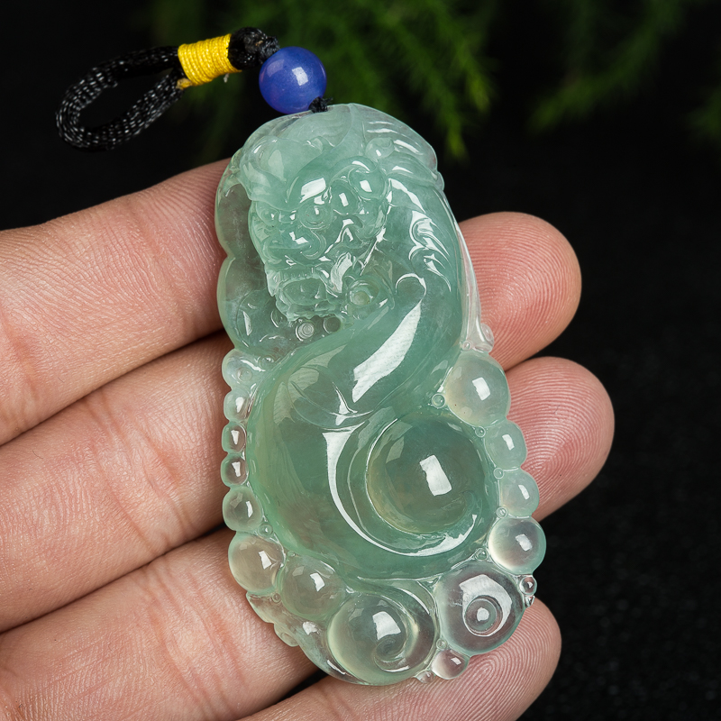缅甸糯冰种晴水翡翠龙腾四海吊坠-红掌柜