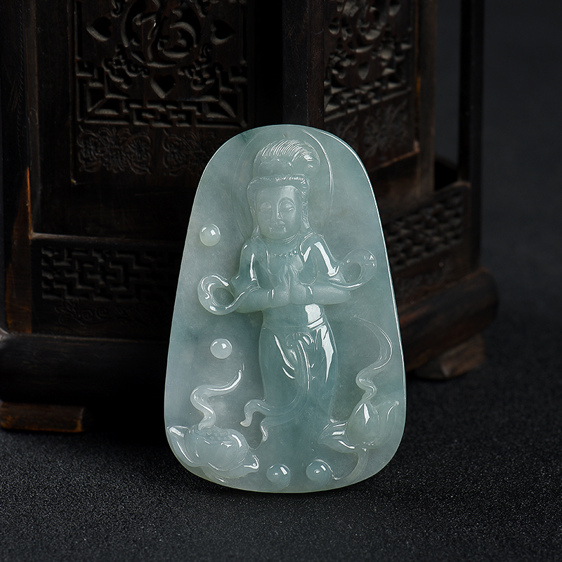 糯种飘花翡翠观音吊坠-红掌柜