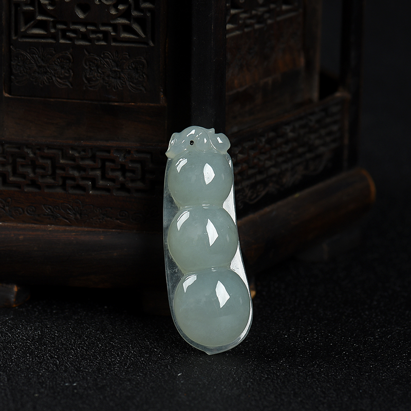 缅甸天然糯种灰绿翡翠连中三元吊坠-红掌柜