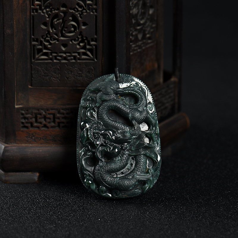 缅甸天然豆种墨翠翡翠辰龙吊坠-红掌柜