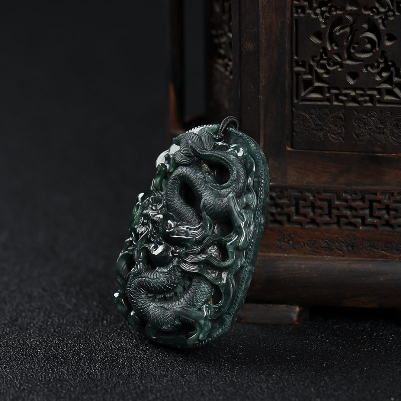 缅甸豆种墨翠翡翠辰龙吊坠-红掌柜