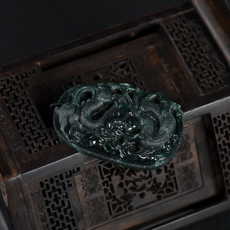 缅甸天然墨翠翡翠辰龙吊坠-红掌柜