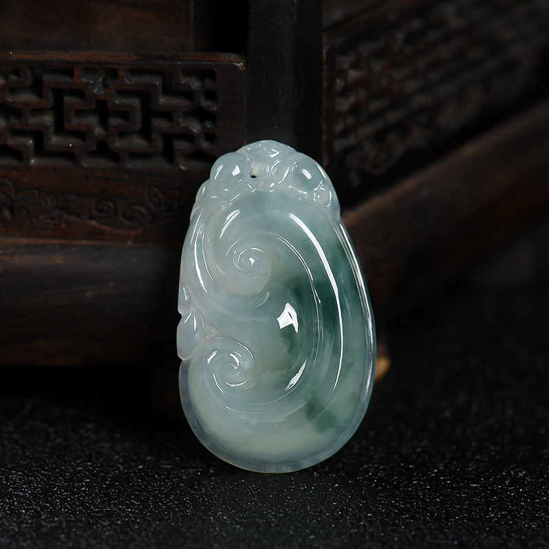 缅甸天然糯种飘花翡翠如意吊坠-红掌柜