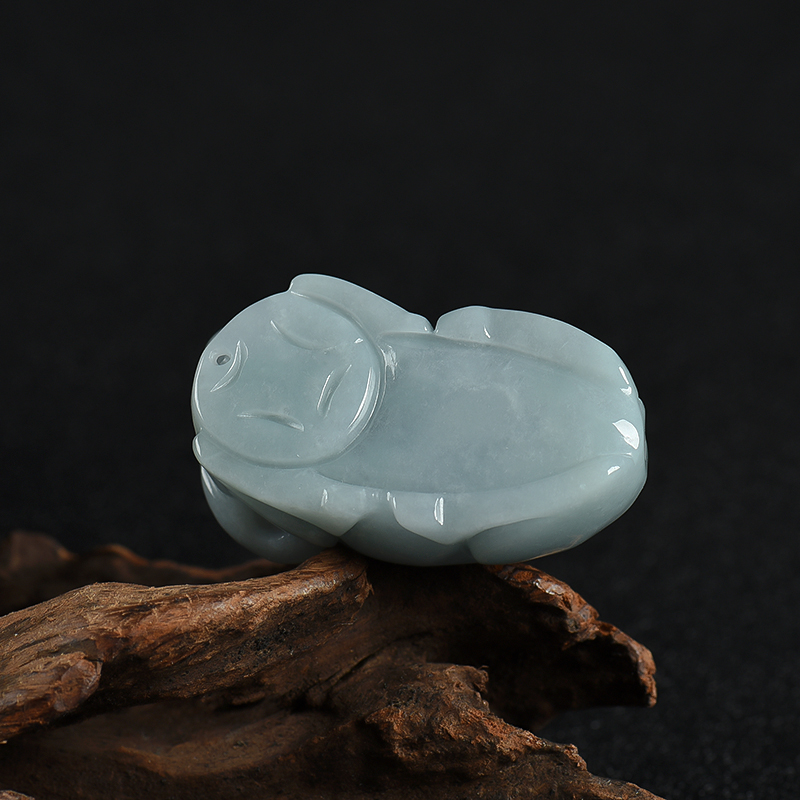 缅甸天然灰绿翡翠丑牛吊坠-红掌柜