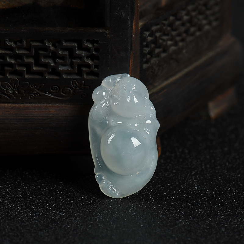缅甸天然糯冰种飘花翡翠弥勒佛吊坠-红掌柜