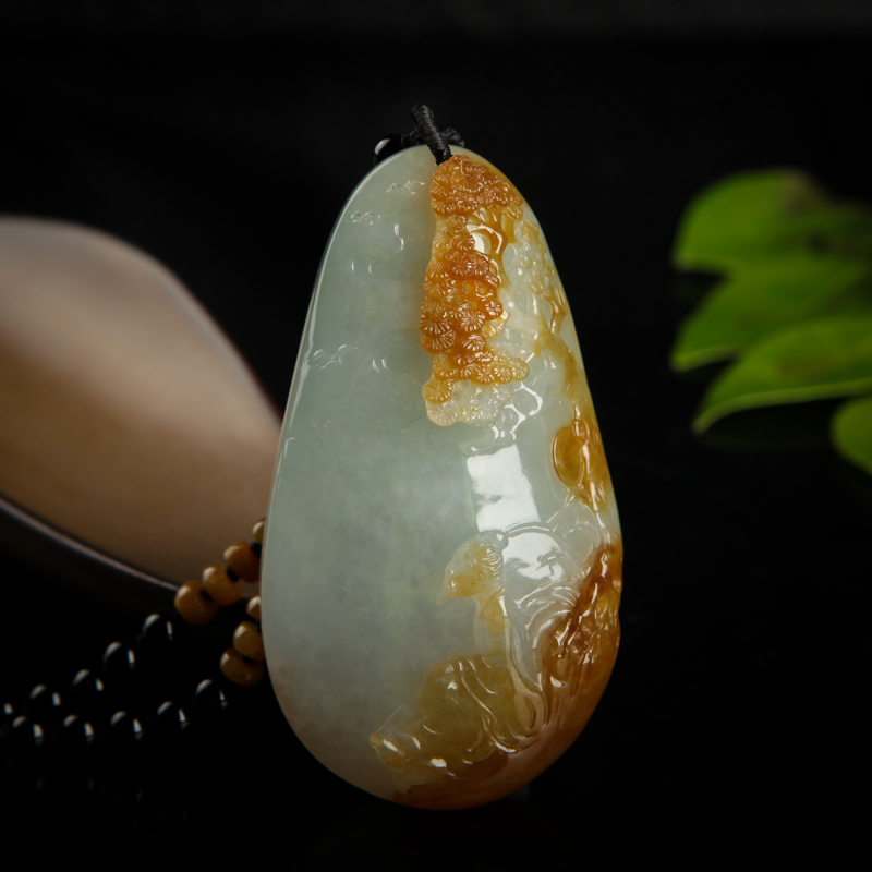 缅甸天然糯种俏色翡翠松柏延年吊坠-红掌柜