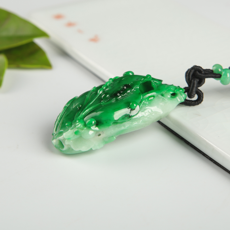 缅甸糯种翠绿翡翠年年有余吊坠-红掌柜