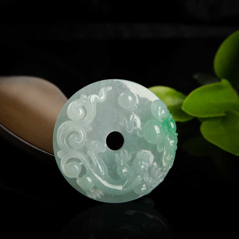 糯冰种飘翠翡翠福寿如意吊坠-红掌柜