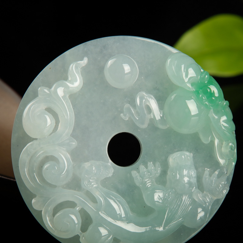 天然糯冰种飘翠翡翠福寿如意吊坠-红掌柜