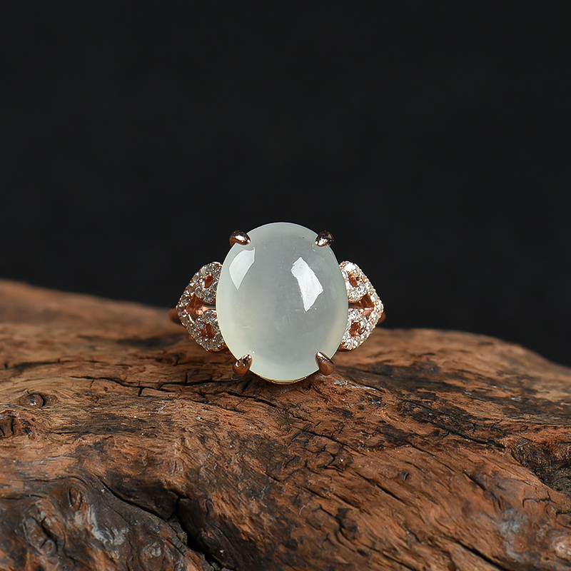 银镶天然糯冰种白色翡翠戒指-红掌柜