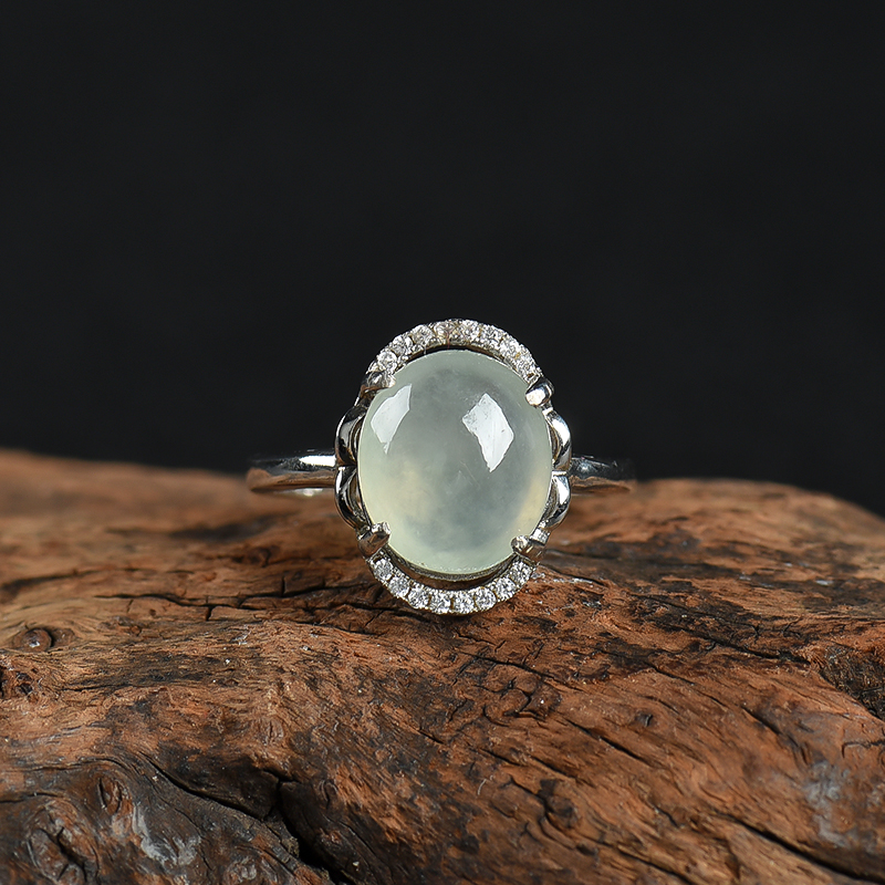 银镶缅甸天然糯冰种翡翠戒指-红掌柜