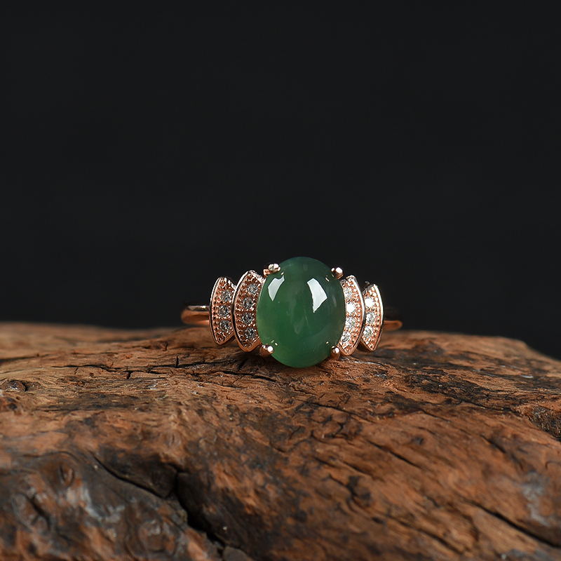 银镶糯种灰绿翡翠戒指-红掌柜