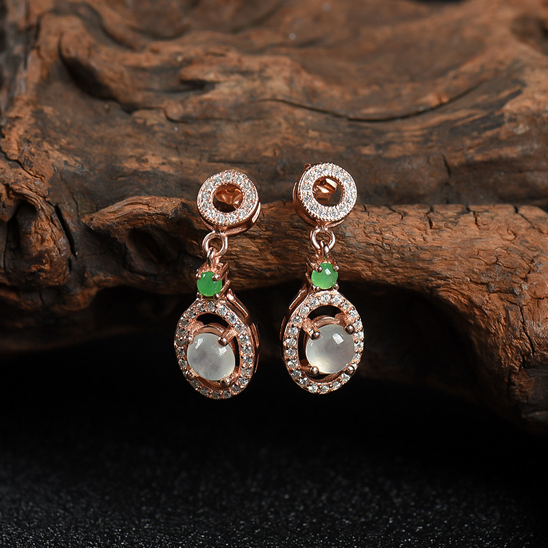 银镶糯冰种翡翠耳坠-红掌柜