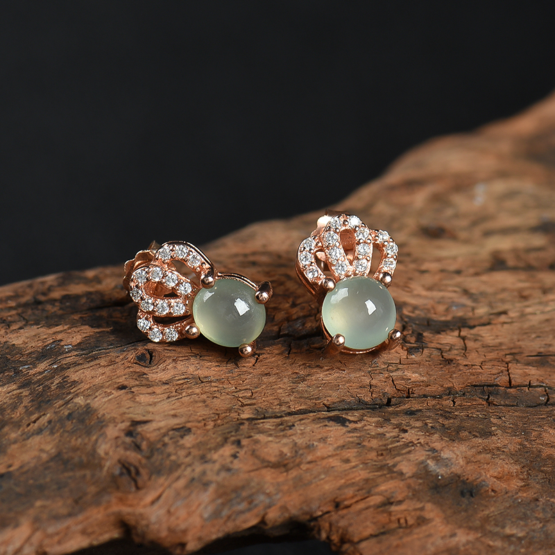 银镶天然糯种翡翠耳钉-红掌柜